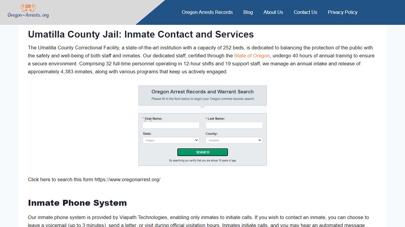 Umatilla County Jail: Inmate Contact and Services